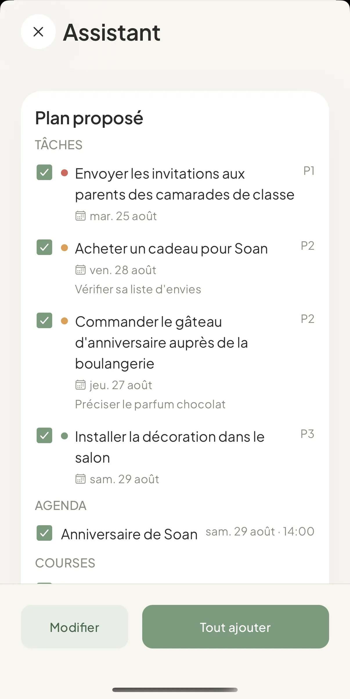 Écran Assistant de Noan : un plan proposé pour l'anniversaire de Soan, avec ses tâches, l'agenda et les courses.